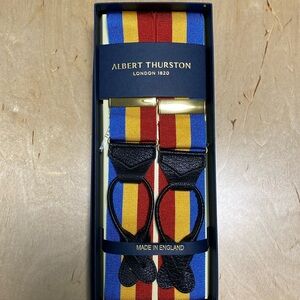 Albert Thurston braces, Fogey Rainbow (blue, red, gold stripes).